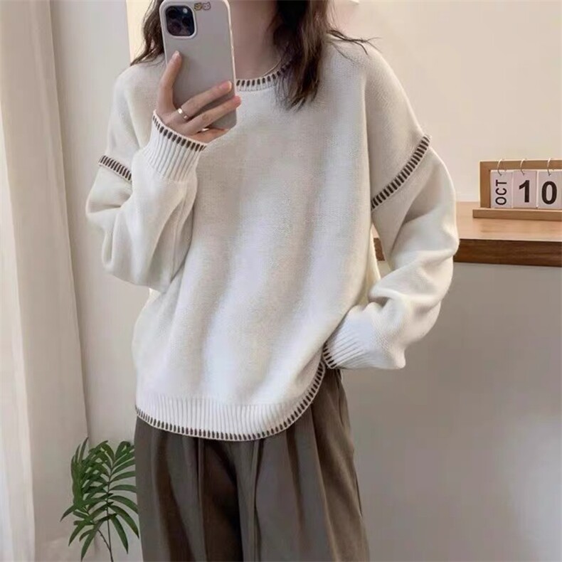 秋冬100%纯羊毛衫女圆领拼色加厚针织毛衣宽松慵懒风羊绒打底上衣图片
