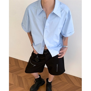 短袖宽设计高级感衬衫cleanfit男女情侣休闲宽松短袖衬衣LS47P39,红色丝巾如何搭配图片