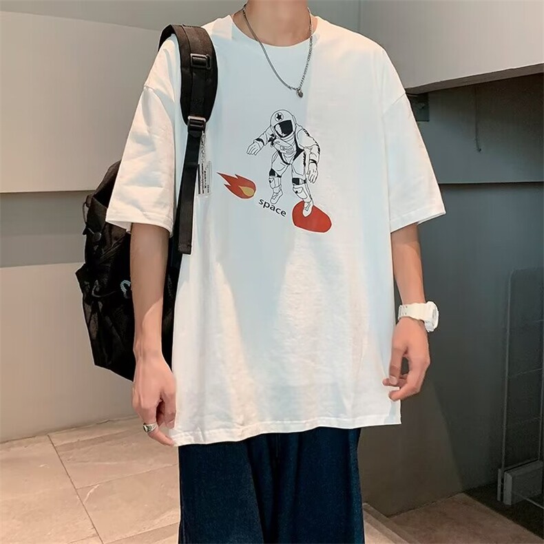 短袖纯棉T恤男夏季薄款圆领宽松潮牌美式印花百搭半袖上衣衫体恤图片