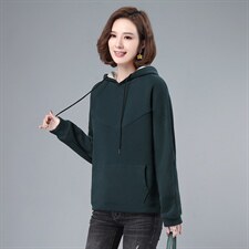 长期现货，冬季新款时尚休闲简约纯色螺纹直筒长袖加绒连帽卫衣，女装卫衣/绒衫，涵誉