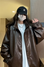 大码pu皮衣夹克钢印美式女复古oversize显瘦设计感情侣机车外套秋，女装皮衣，星座226-2
