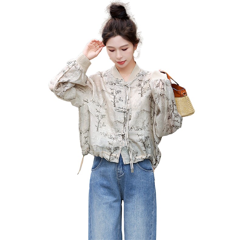 女士复古盘扣短外套夏季薄款新中式国风防晒衣女时尚宽松防晒衫仙,女装防晒衣,润尚靓点