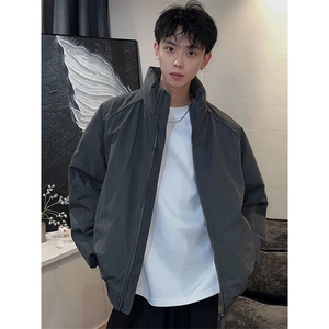 现货美式高街休闲夹克冬季三防立领纯色户外工装加厚棉服外套,足球搭配男生图片