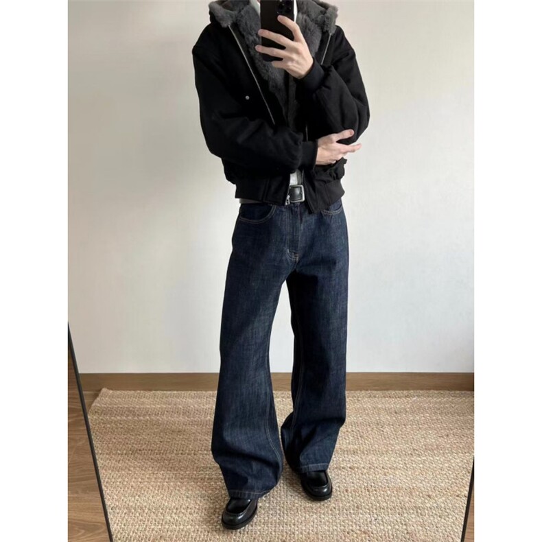 老钱风深蓝色赤耳红边原牛直筒微喇阔腿cleanfit牛仔裤,男装牛仔裤,星座506A