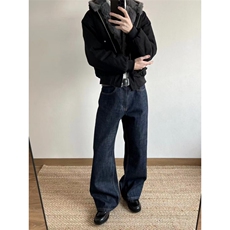 老钱风深蓝色赤耳红边原牛直筒微喇阔腿cleanfit牛仔裤，男装牛仔裤，星座506A