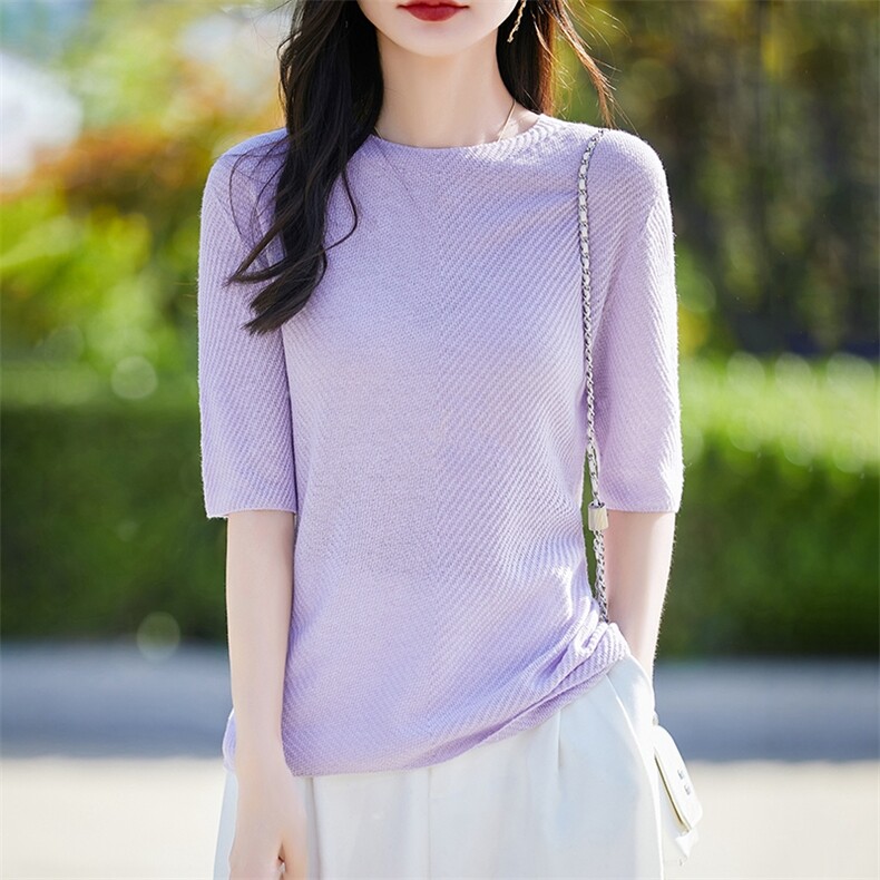 天丝莱赛尔针织半袖打底T恤女2025新鱼骨纹提花中袖小衫上衣短袖,针织衫/毛衣,暖烁特种纱工厂店