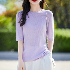天丝莱赛尔针织半袖打底T恤女2025新鱼骨纹提花中袖小衫上衣短袖，女装针织衫/毛衣，暖烁特种纱工厂店