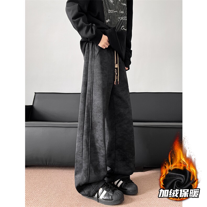 加绒加厚脏脏裤子男款秋冬直筒阔腿休闲裤加长扎染弯刀裤KZ025P45，男装卫衣，电商B312