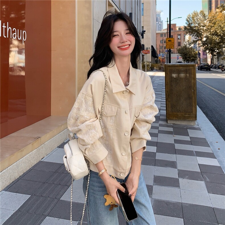 米白色蕾丝拼接工装短外套女2025早秋新款韩版小个子休闲夹克上衣,女装短外套,2C232