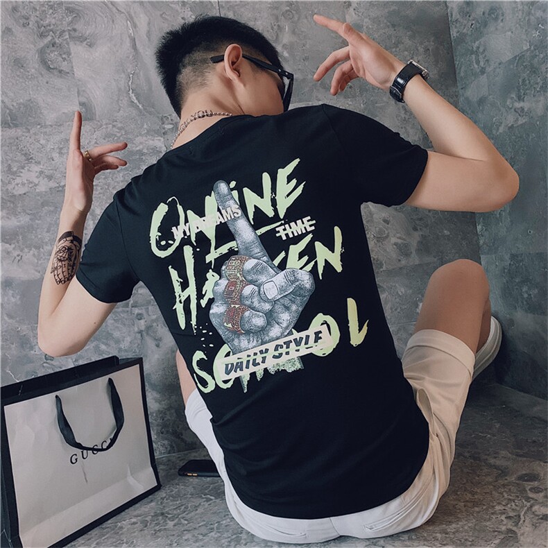 夏季新款潮牌T恤男短袖修身印花体恤社会小伙潮C301B-DT23-,男装T恤,电商C301B