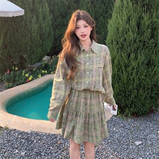 绿色复古格纹设计感长袖衬衫套装裙女2025秋季气质减龄短裙两件套，女装套装/套裙，2C122