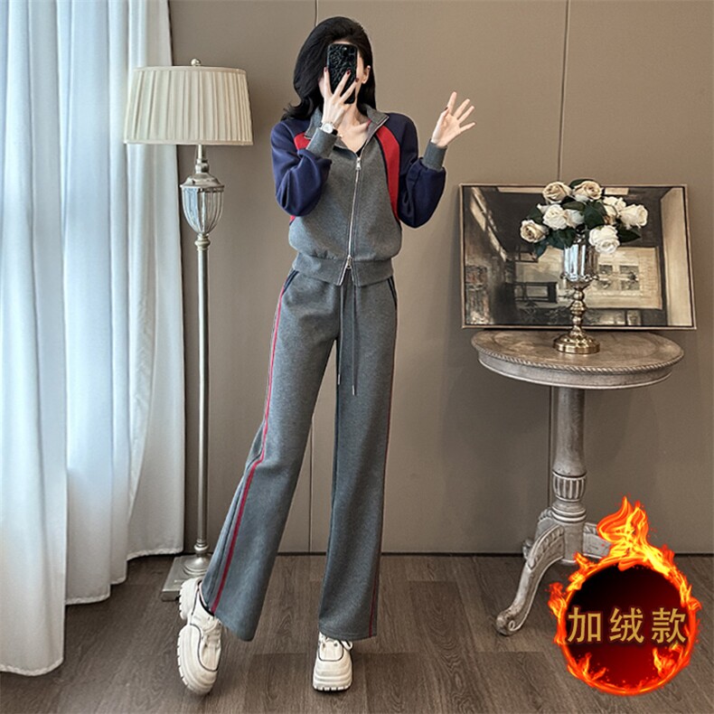 秋冬新款加绒撞色卫衣阔腿裤套装显瘦保暖时尚休闲两件套,女装套装/套裙,江南
