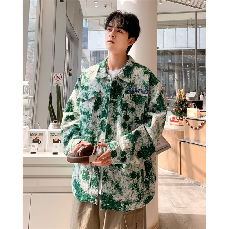 美式复古雪花刺绣牛仔夹克男宽松潮牌ins春秋vintage扎染外套上衣，男装夹克，星座1013