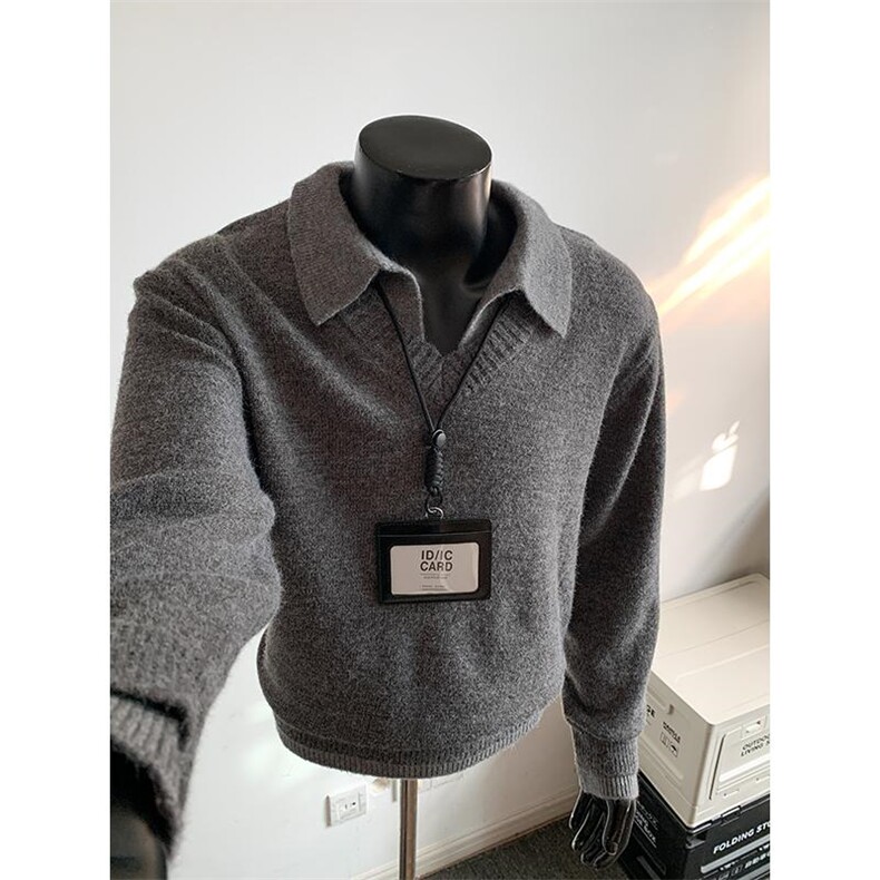 重磅北极绒假两件衬衫领毛衣美式高街复古休闲慵懒纯色翻领针织衫，男装针织衫/毛衣，电商A486-1