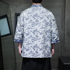2025中式新款仿牛仔手感花纹提花七分袖衬衫开衫KS518-P75控98，男装衬衫，电商A021