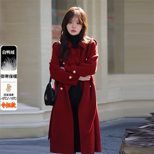 红色喜庆毛呢大衣女中长款2025新款厚内胆加羽绒服呢子外套秋冬季图片