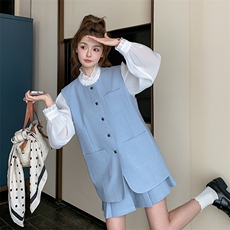 蓝色学院风减龄马甲百褶裙套装女2025春秋新款韩版显瘦短裙两件套，女装套装/套裙，2D035