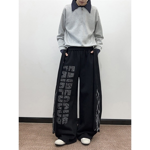 美式复古小众字母火焰飘带休闲卫裤街头设计感宽松休闲直筒阔腿裤图片