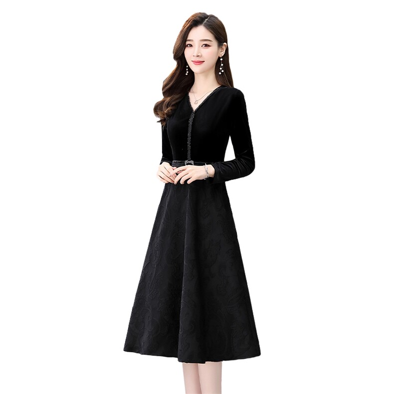 2021春季新款时尚优雅气质丝绒收腰修身连衣裙,女装连衣裙,魅丽静蓝