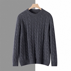 七针加厚全身麻花圆领时尚气质百搭纯色秋冬35%羊绒衫，男装羊绒套衫，宏杨羊绒