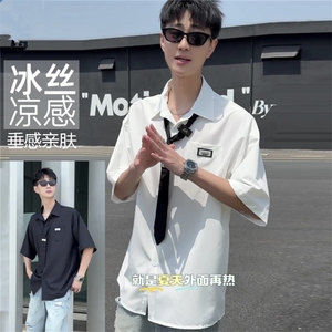 网图夏季冰丝短袖衬衫宽松学院风情侣衬衣（送领带）CS802-P40图片