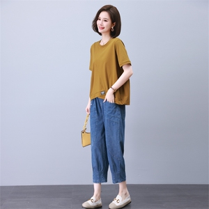 胖MM冰丝牛仔套装夏薄款宽松大码女装休闲中年妈妈装哈伦裤两件套图片