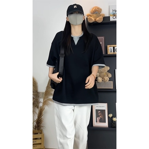 美式复古重磅假两件半袖夏季撞色拼接短袖T恤上衣T3700-特价P30