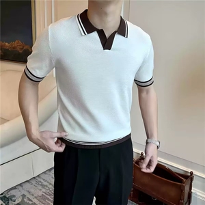 春夏POLO衫男英伦复古翻领高级感撞色修身短袖保罗衫T恤 S330图片