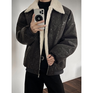 蛇纹亮面棉服加厚毛领保暖休闲夹克皮衣男 D51221-TP80 158图片