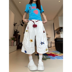 CP1255-P59 美式植绒刺绣工装牛仔七分裤男女夏季宽松休闲阔腿图片