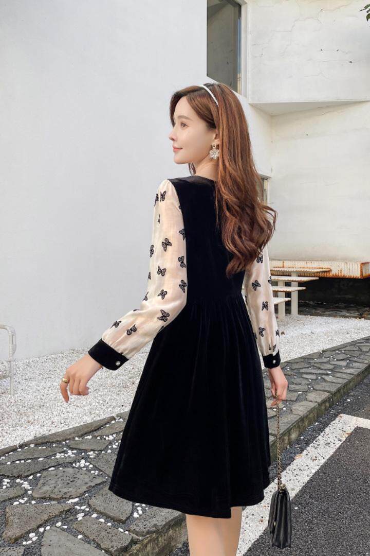 2021现货蝴蝶袖丝绒小香风连衣裙，女装连衣裙，秀水百合