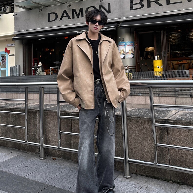 皮衣外套宽松冬季新款男士皮夹克潮情侣宽松常规P148加棉P168,男装皮衣,电商B319