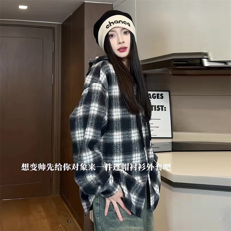 2025新款连帽衬衫格子外套潮流百搭长袖上衣A086-SY6292-P50,男装夹克,电商基地A086
