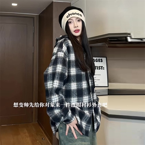 2025新款连帽衬衫格子外套潮流百搭长袖上衣A086-SY6292-P50图片