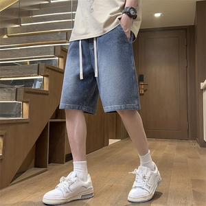 蓝灰撞色星空纹短裤男夏季美式高街直筒宽松休闲牛仔裤D3#-P40图片