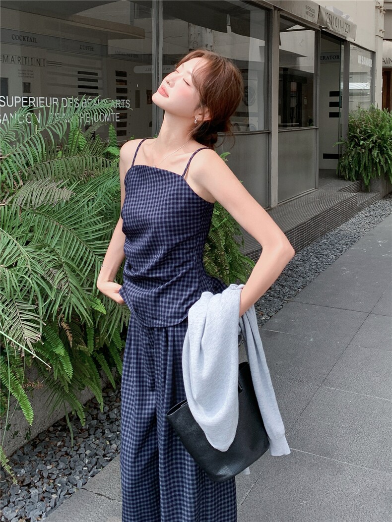 洋气时髦设计感复古格纹套装女2026春夏新款开衫吊带阔腿裤三件套,女装套装/套裙,艾米莉亚