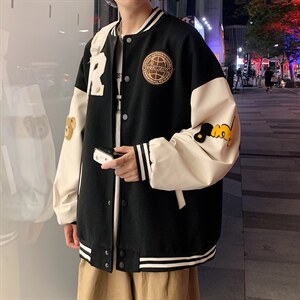 秋季新款宽松PU皮拼接棒球服秋冬夹克港风XZ102A-4-BQ7001-P95图片