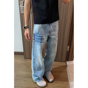 美式复古cleanfit宽松直筒牛仔裤男女百搭阔腿休闲长裤 ND780图片