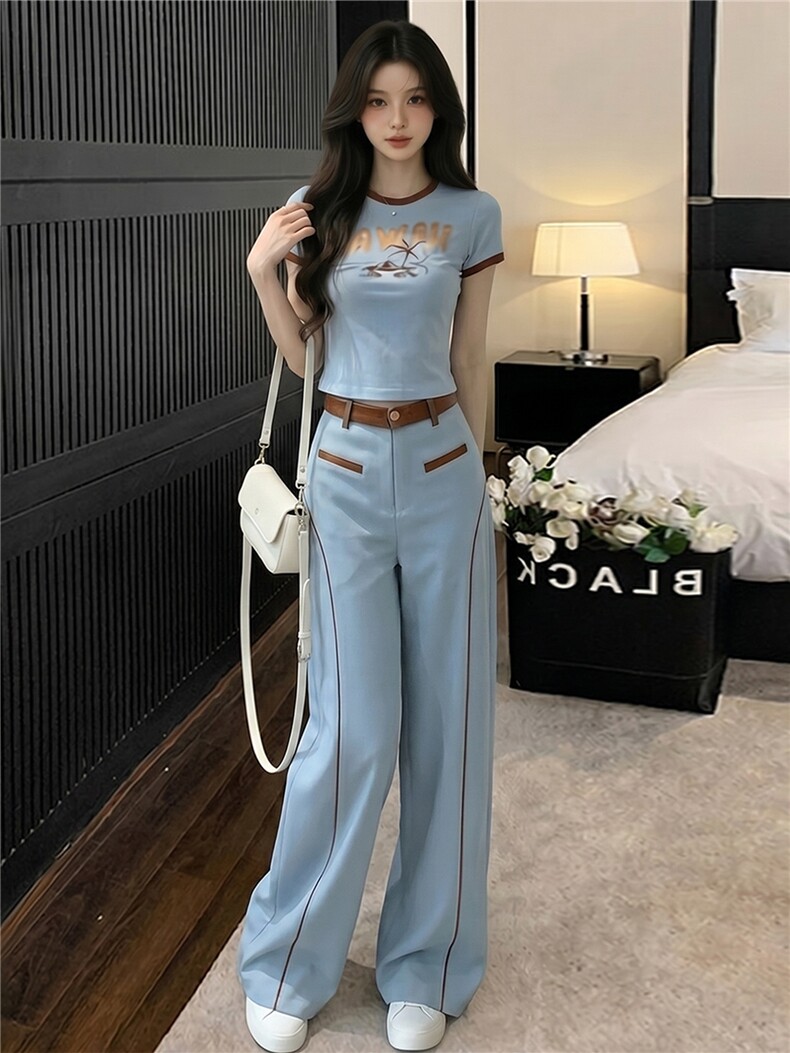 慵懒风休闲时尚套装女夏新款百搭圆领印花短袖上衣阔腿长裤两件套,女装套装/套裙,江南