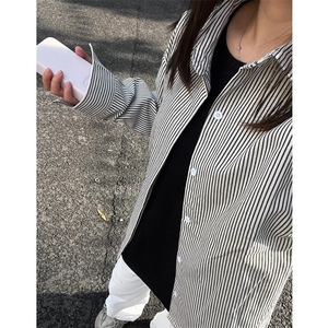 TC431-P40韩式复古长袖条纹衬衫宽松百搭翻领衬衣图片