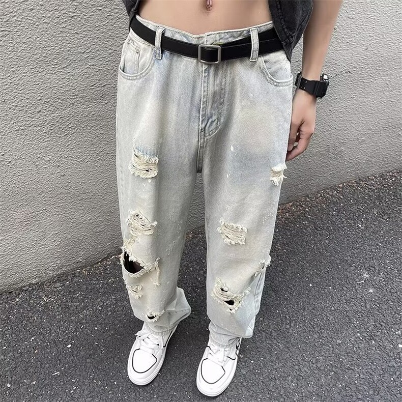 牛仔裤男夏季薄款美式高街vibe风破洞宽松休闲长裤子N013-P45图片