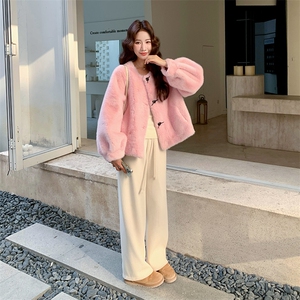 毛绒冬季外套女2025新款小个子羊羔毛甜美立领温柔可爱设计感上衣图片