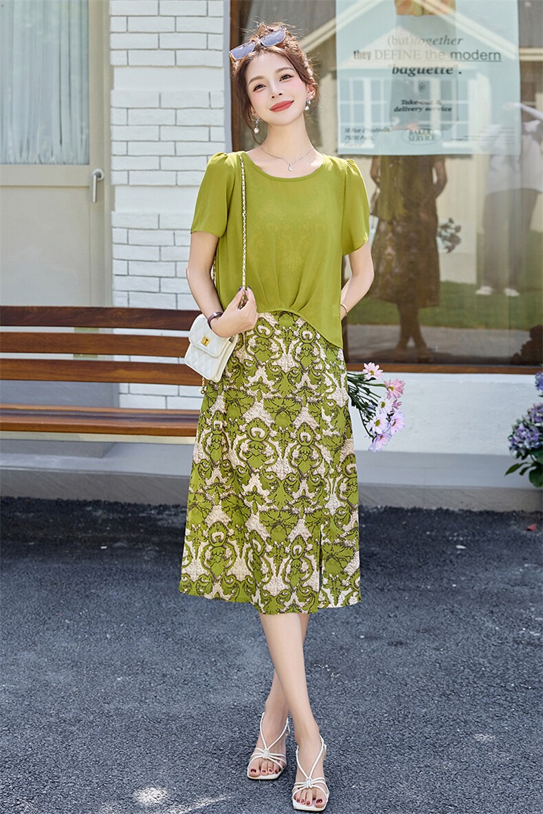 时尚印花连衣裙套装女2026夏季短袖罩衫吊带裙气质漂亮减龄两件套,女装套装/套裙,恋慕依尚