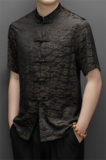 中山装男士短袖衬衫夏季中老年唐装衬衣爸爸装结婚礼服套装P108，男装衬衫，钱塘6003B