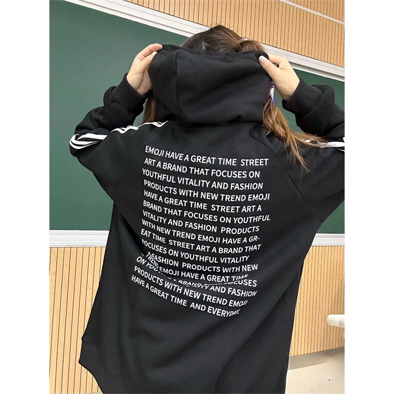 抖音得物品质480克全棉加绒织带连帽印花卫衣三条杠针织卫衣A0401图片