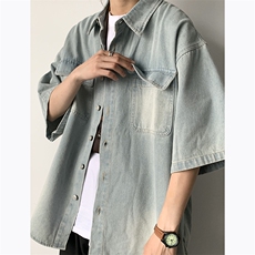 F245-P522024夏季新款日系水洗牛仔衬衫男复古工装扎染衬衣现货，男装衬衫，星座512-6
