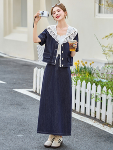 2025夏季水洗牛仔拼接蕾丝休闲潮两件套裙减龄今年流行的女装套装图片