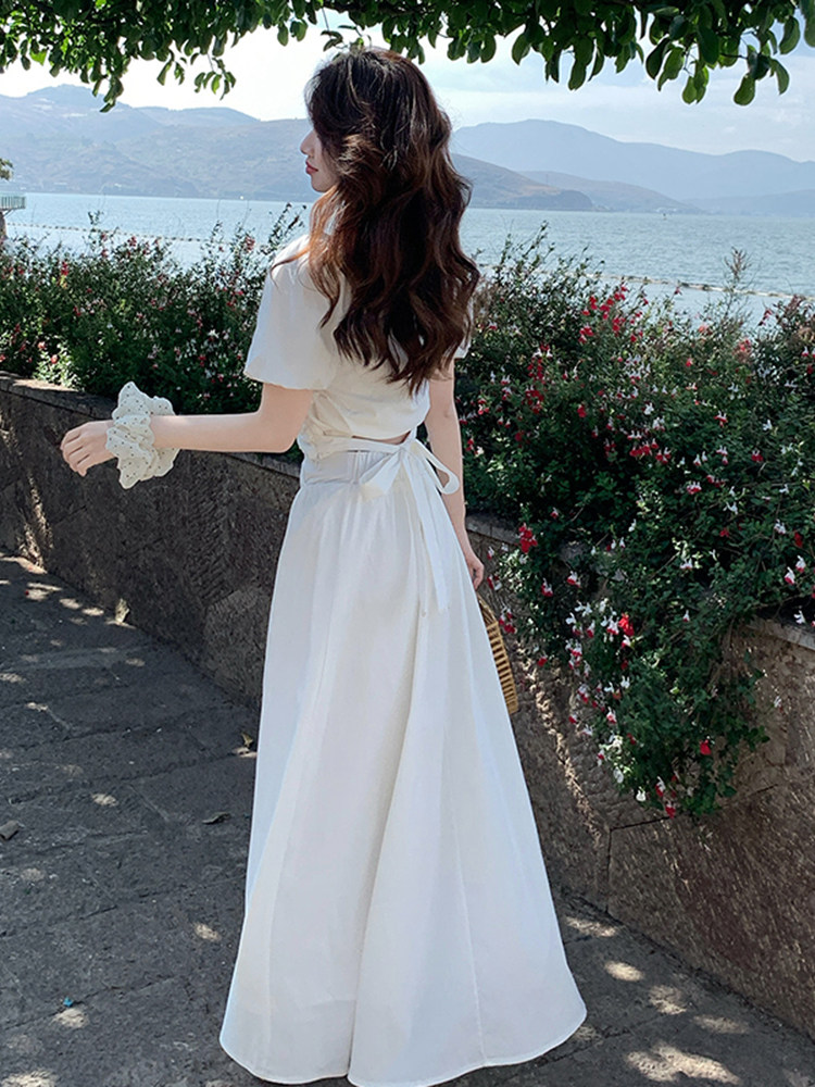 白色时尚甜美压褶设计上衣套装裙女2025夏季新款优雅半身裙两件套,女装套装/套裙,浙宝220