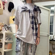 拼接格子布装饰高品质260克双纱纯棉美式高街短袖T恤特P35，男装T恤，电商A486-1