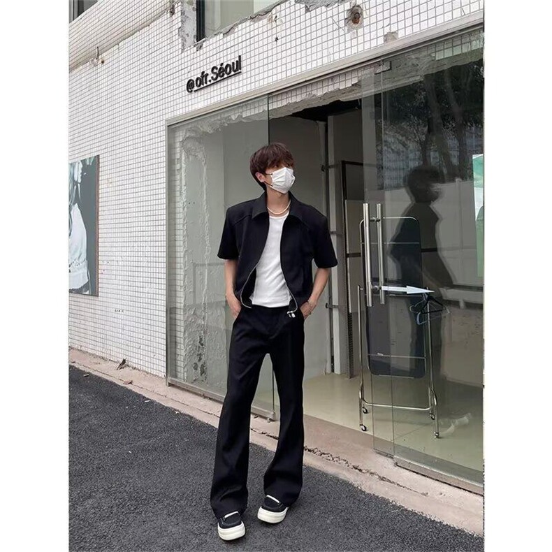 黑色高腰弯刀西裤男款垂坠感高级感裤子cleanfit高个子直筒微喇裤,男装休闲裤,星座302B